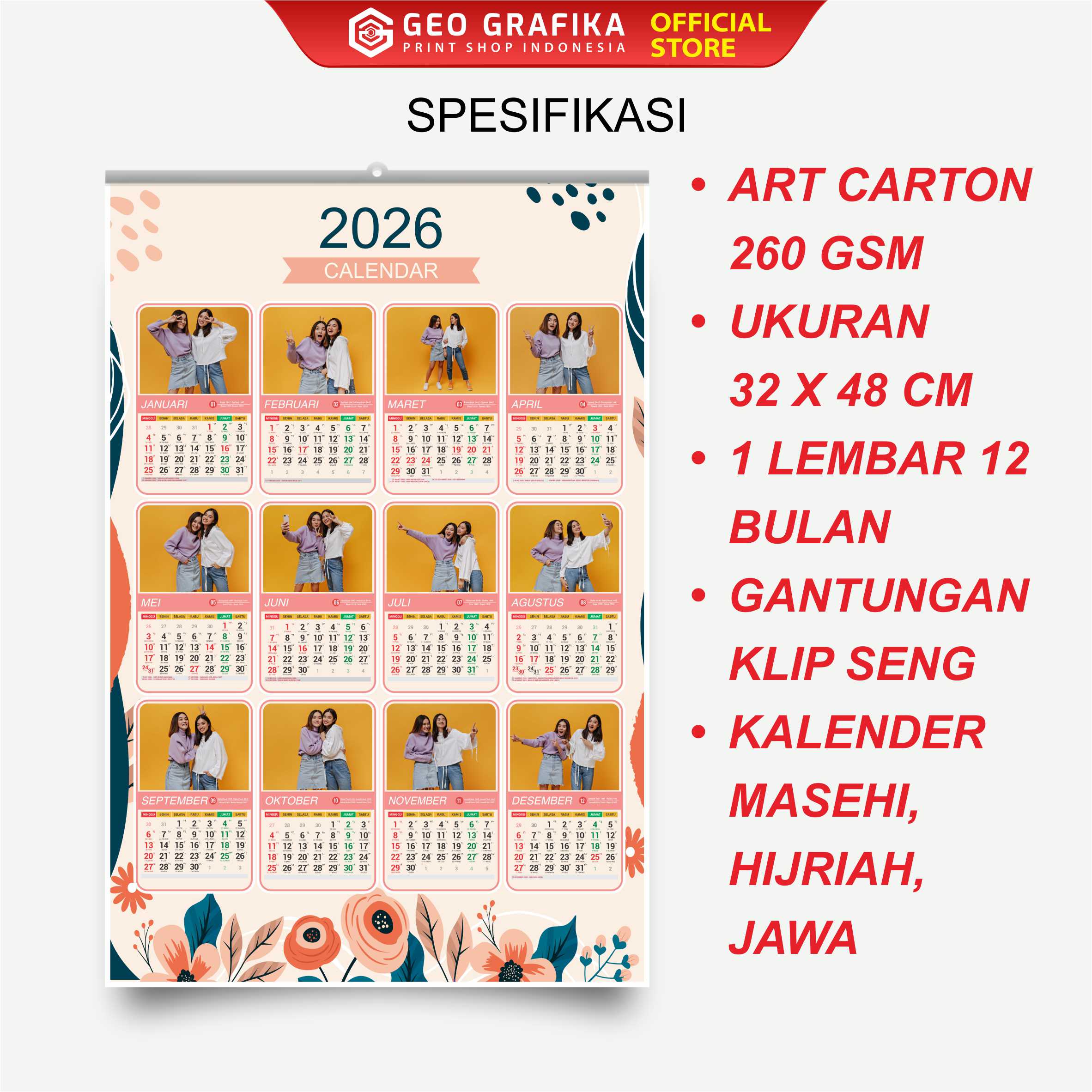 Kalender Dinding Custom Foto 2026 Free Desain - Geo Grafika