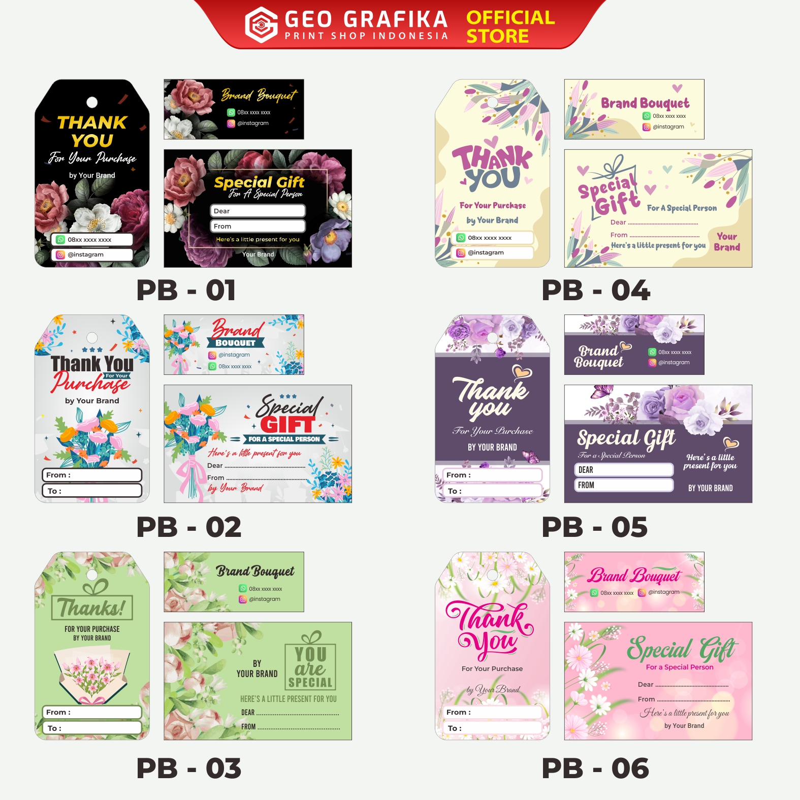 Paket 50 PCS Stiker - Hangtag - Kartu Ucapan Bouquet - Geo Grafika