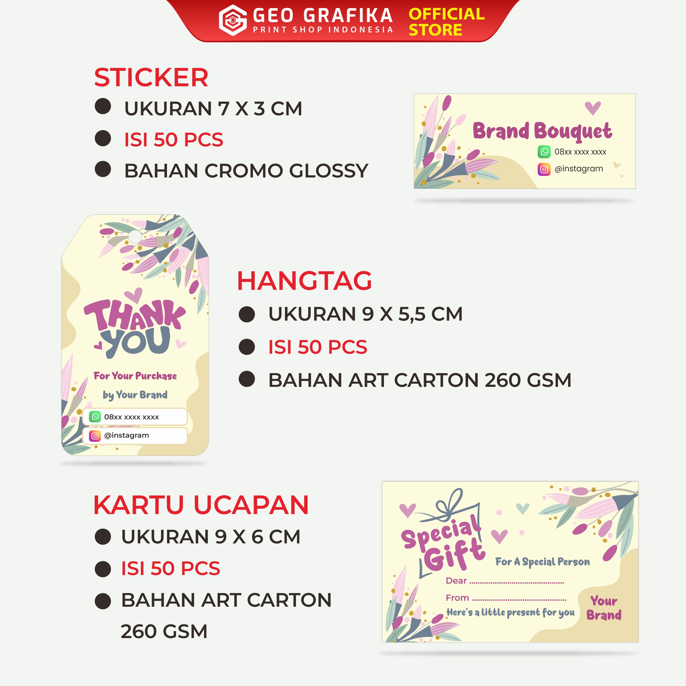 Paket 50 PCS Stiker - Hangtag - Kartu Ucapan Bouquet - Geo Grafika