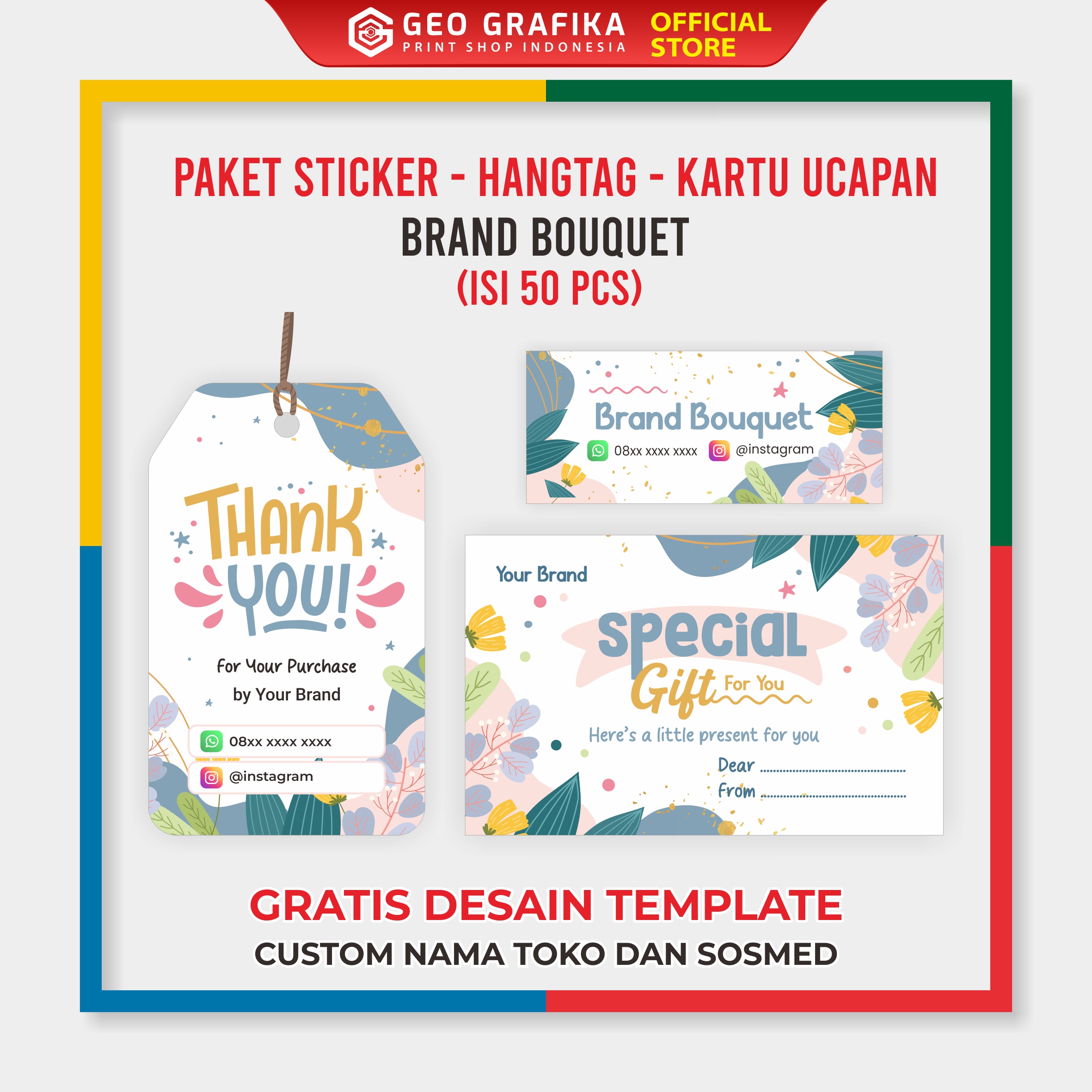 Paket 50 PCS Stiker - Hangtag - Kartu Ucapan Bouquet - Geo Grafika