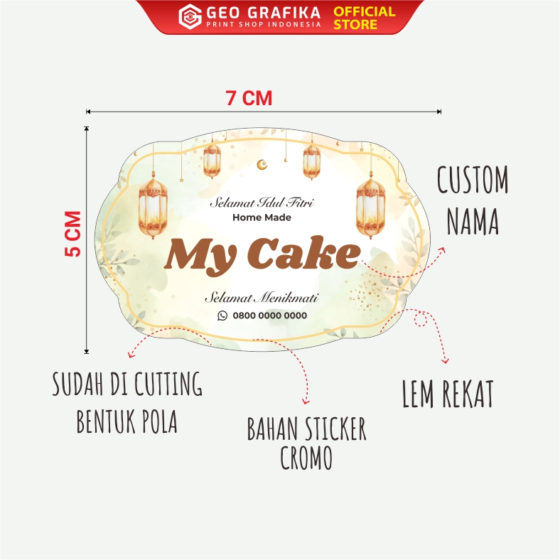 Stiker Toples Kue Lebaran Custom Nama / Brand Ukuran 5 X 7 CM - Geo Grafika