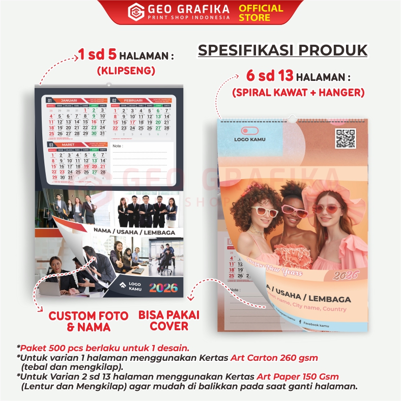 500 Pcs Cetak Kalender Dinding 2026 Custom - Geo Grafika