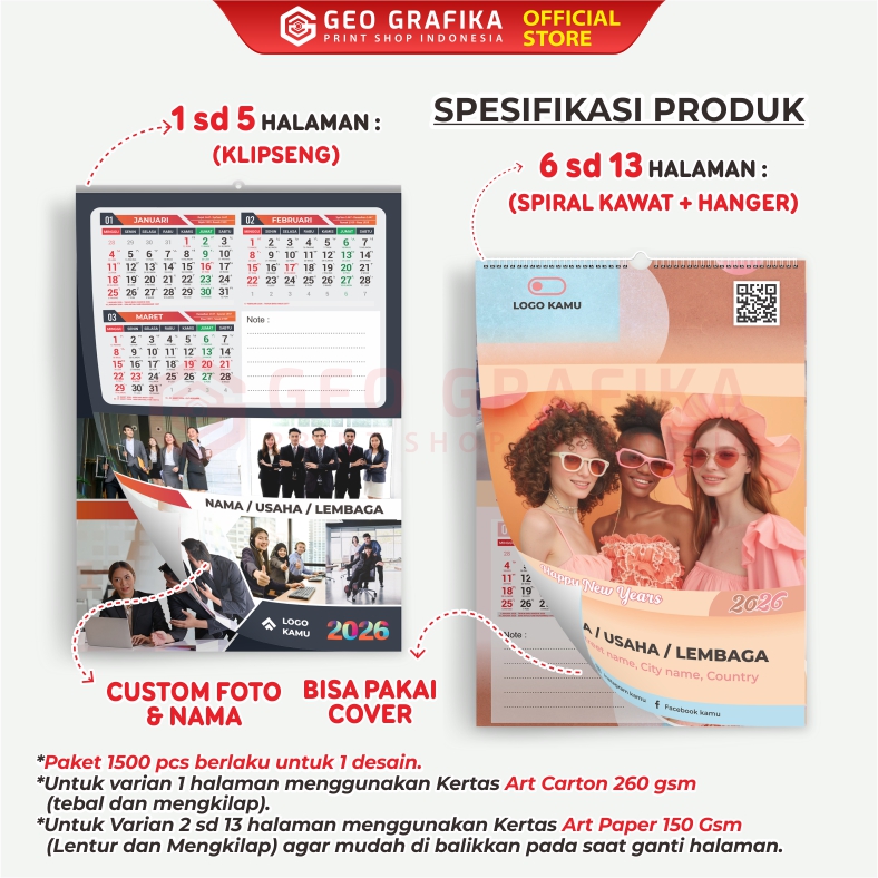 1500 Pcs Cetak Kalender Dinding 2026 Custom - Geo Grafika