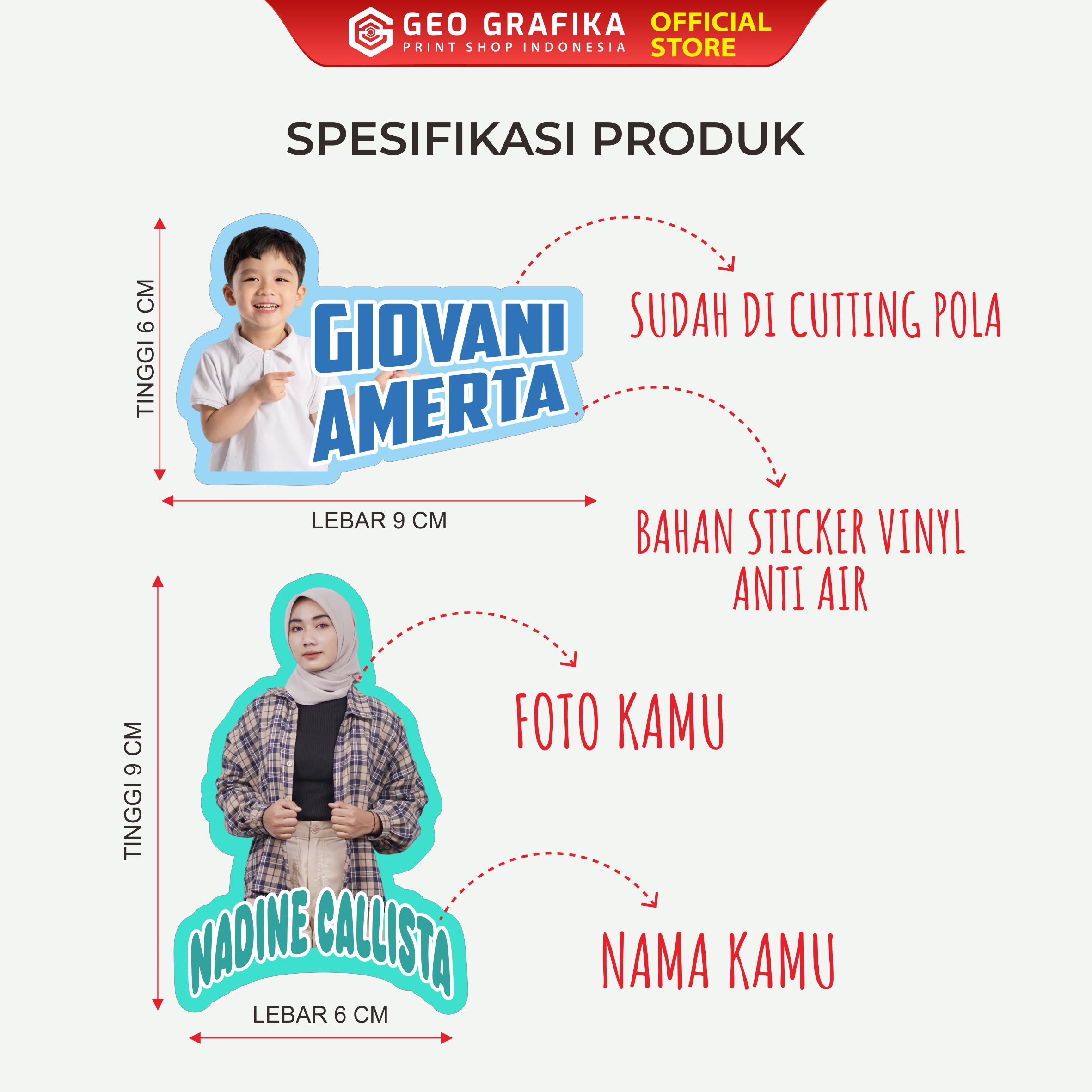 Stiker Nama Foto Custom Waterproof - Geo Grafika