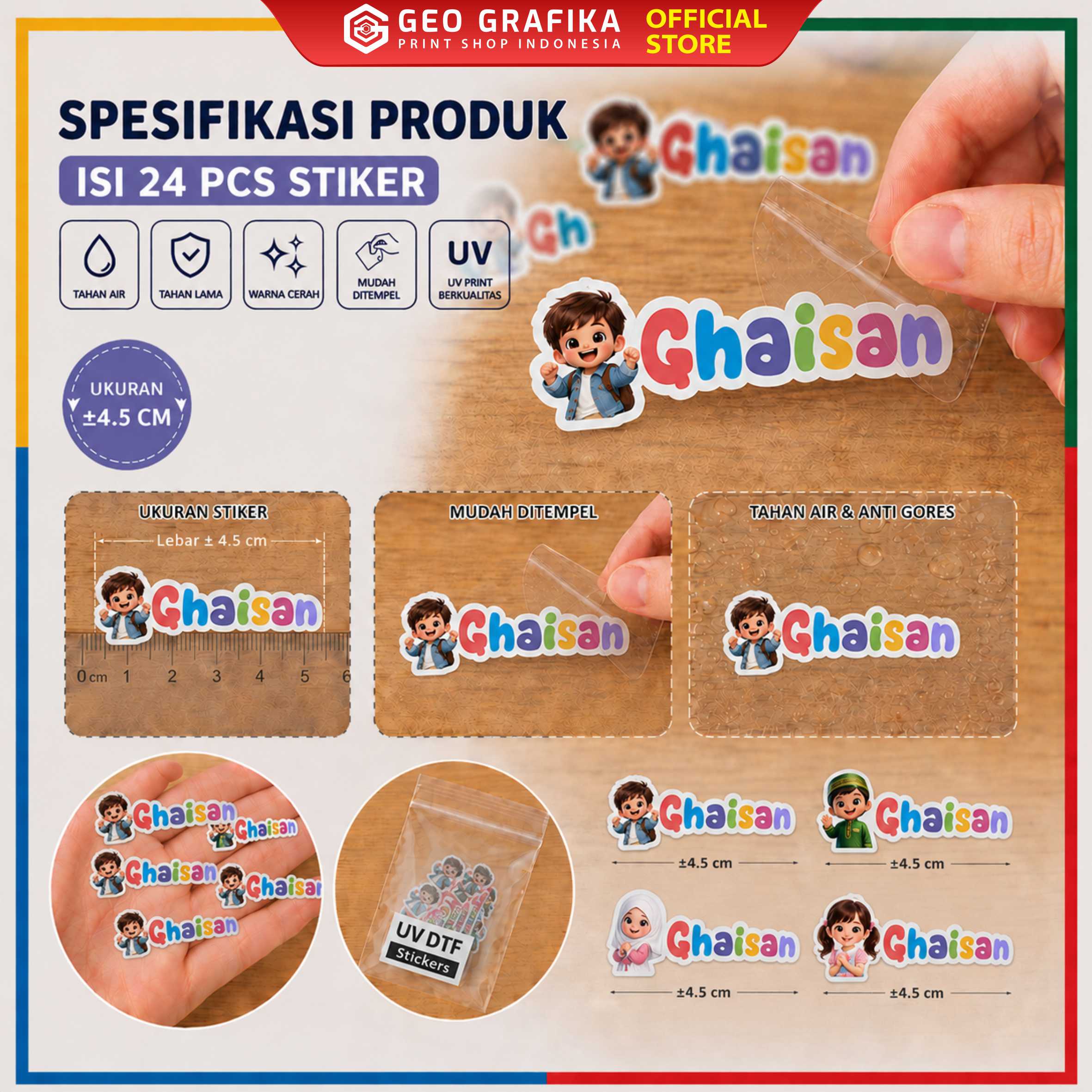Stiker Nama UV DTF Custom Nama Anak Isi 24 PCS | Waterproof Anti Gores - Geo Grafika