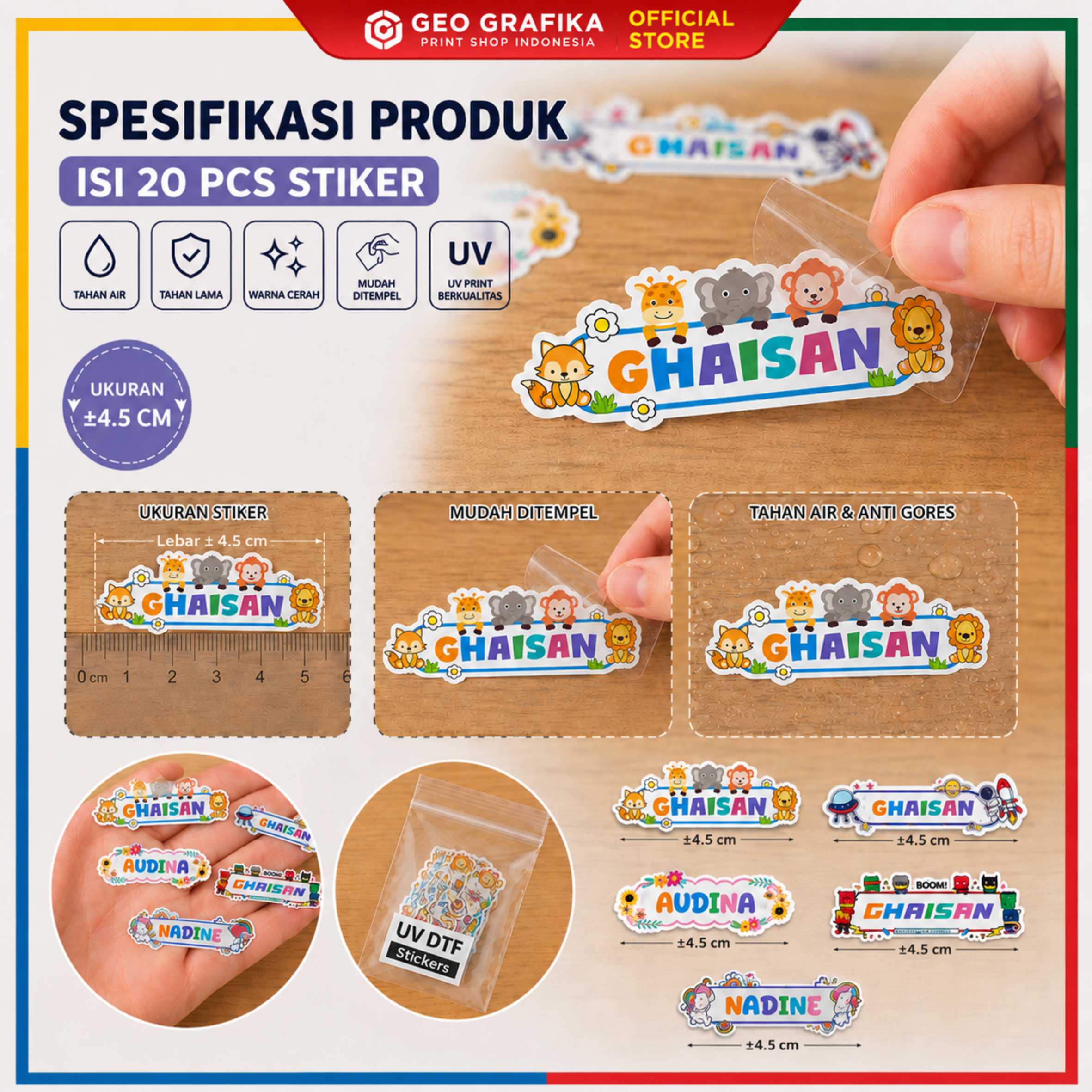 Stiker Nama UV DTF Custom Nama Anak Isi 20 PCS | Waterproof Anti Gores - Geo Grafika