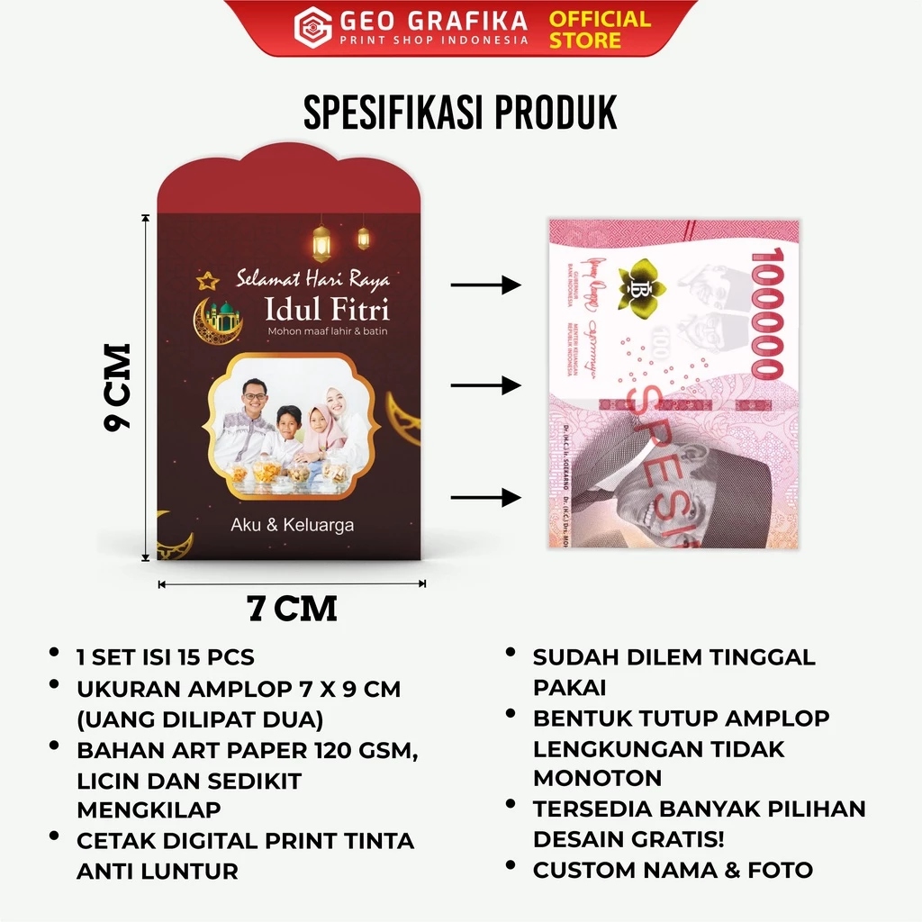 (Isi 15 pcs) Amplop Angpau Lebaran Custom Nama & Foto Uang DiLipat Dua