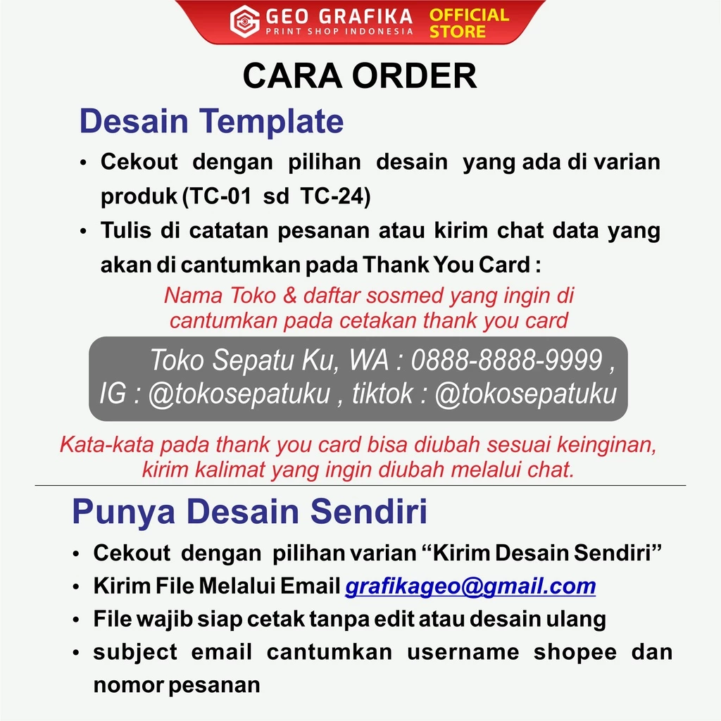 Thank You Card / Kartu Ucapan Terima Kasih Aesthetic Online Shop Custom Free Desain - Geo Grafika