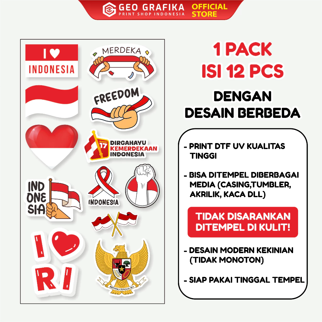 STIKER DTF UV BENDERA MERAH PUTIH 1 PACK ISI 12 PCS