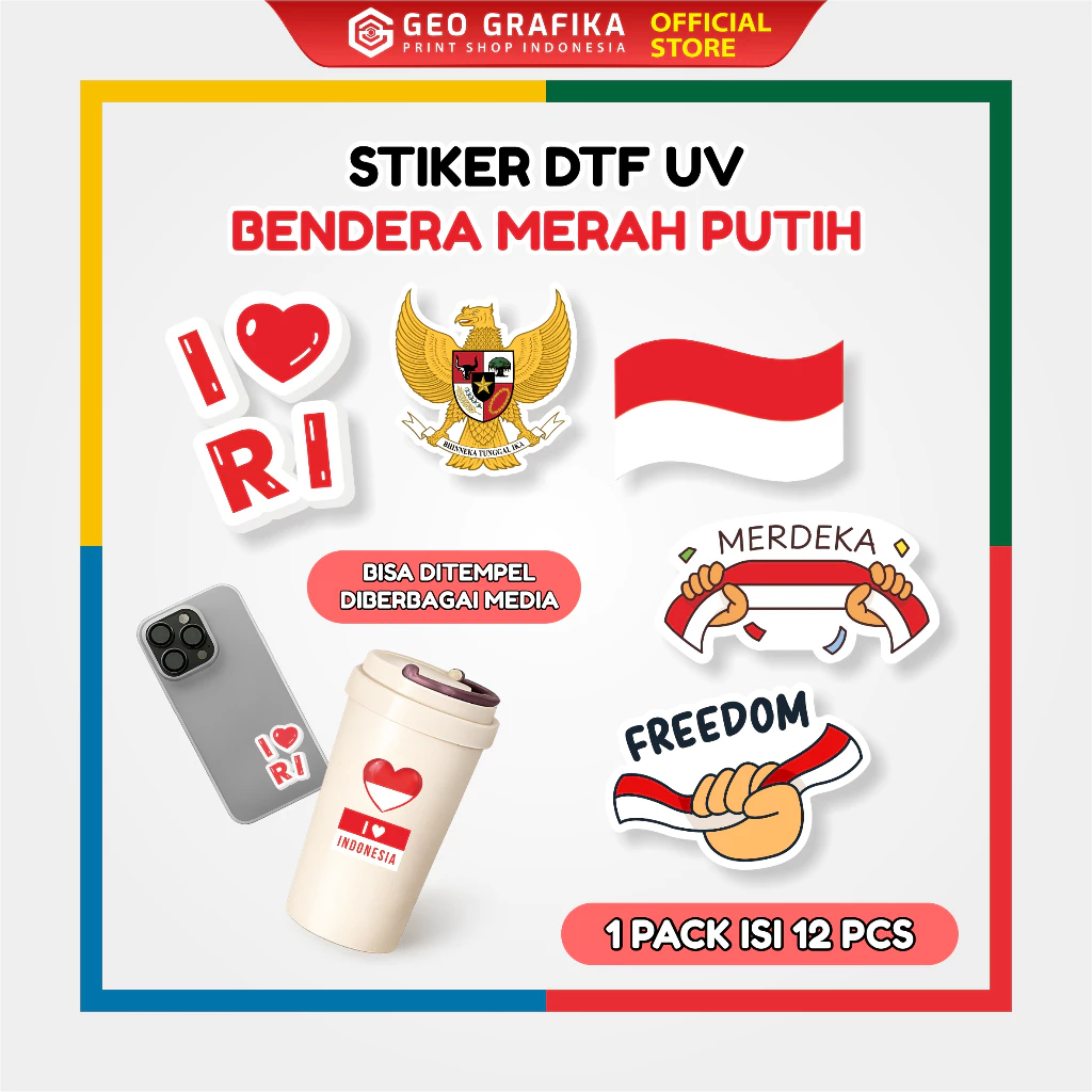 STIKER DTF UV BENDERA MERAH PUTIH 1 PACK ISI 12 PCS